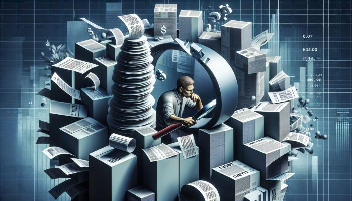 How to Cope with Debt Consolidation Setbacks: A Guide | DCL Person Analyzing Towering Bills and Financial Documents with a Magnifying Glass, Surrounded by Debt Charts and Graphs.