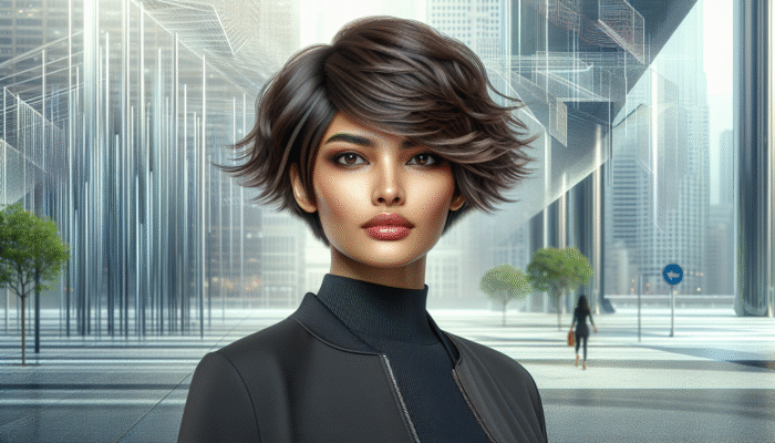 A woman with a short layered haircut, styled for her oval face and wavy hair, posing confidently in an urban setting.