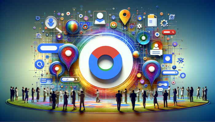 A business logo on a Google search page, surrounded by local search and customer interaction icons, showing increased visibility.