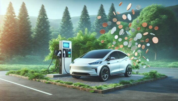 A modern electric car at a charging station amidst greenery, displaying low cost savings.