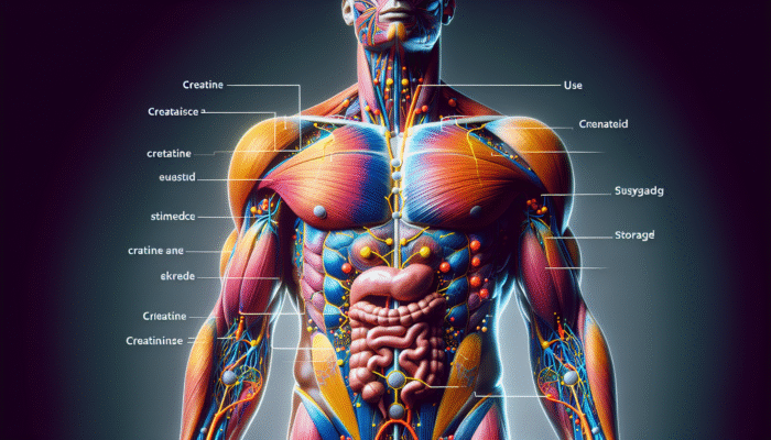 Creatine for Rugby Players: Detailed anatomical diagram showing creatine synthesis, storage, and utilisation in the human body.
