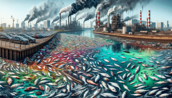A polluted urban river with toxic colours, dead fish, factories, and city skyline, illustrating the effects of industrial pollution.