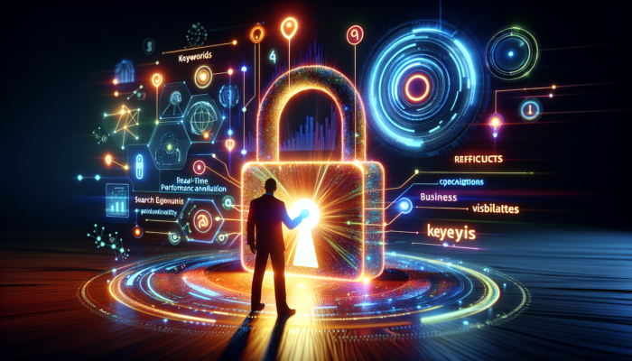 A person unlocking a digital lock symbolising Google Ads, with search keywords and performance graphs on a futuristic interface.