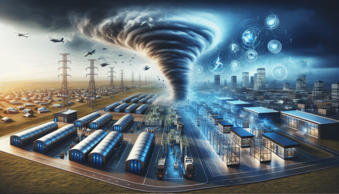 A community with modern storm shelters and reinforced buildings, advanced weather forecasting technology, and an approaching tornado.