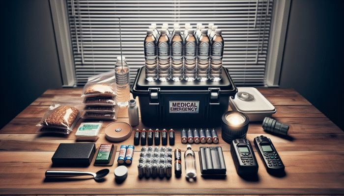 Emergency kit on table with water, food, first aid, flashlight, batteries, and radio for tornado readiness.