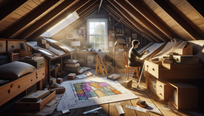 Detailed assessment of attic in UK home: measuring, cataloguing contents, optimising space, blueprint, natural light.