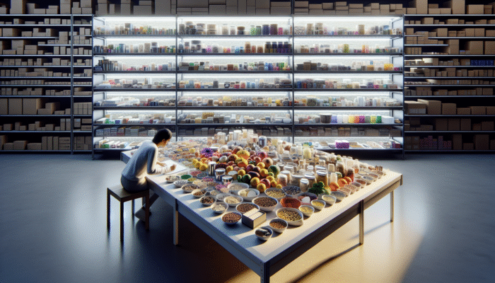 A person categorising a variety of items into labelled groups on a table, with neatly organised shelves surrounding.