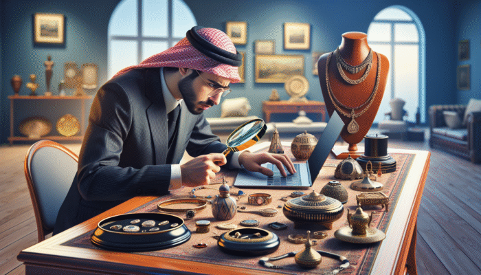 A professional appraiser examines antiques, jewelry, and art in an elegant room, using tools to assess value.