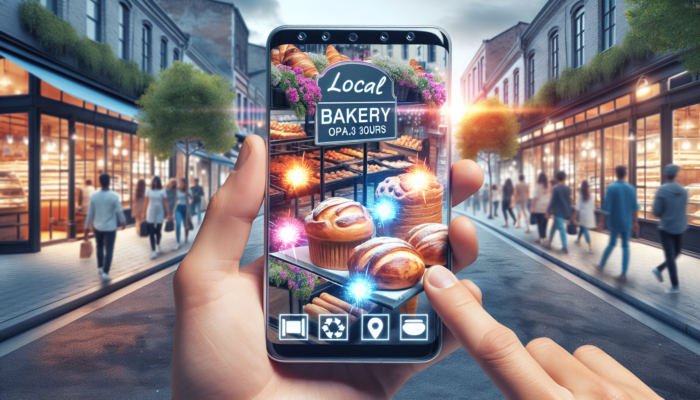 A local bakery's Google My Business profile on a smartphone, showcasing pastries, opening hours, and customer reviews, situated on a busy street.