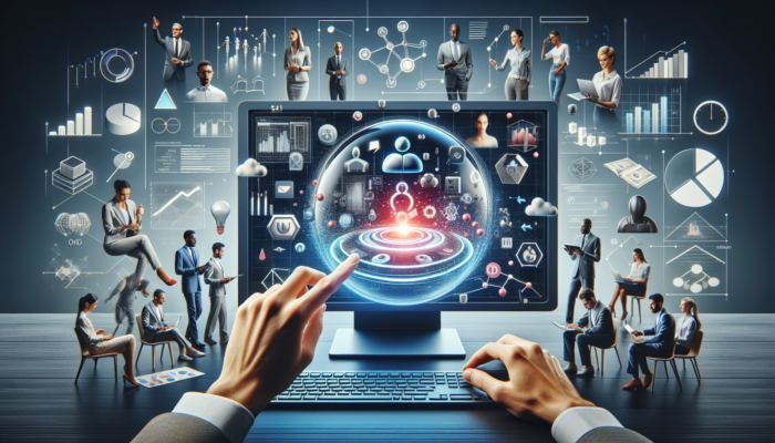 Digital workspace featuring Google My Business on screen, with experts collaborating on online visibility strategies.