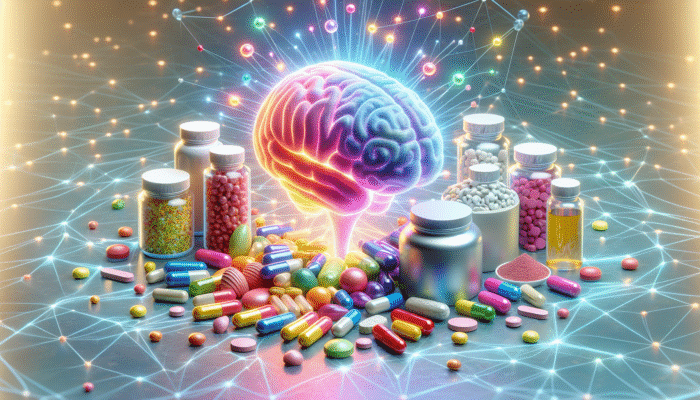 A colorful array of supplements enhancing a glowing brain model on a neural network background.
