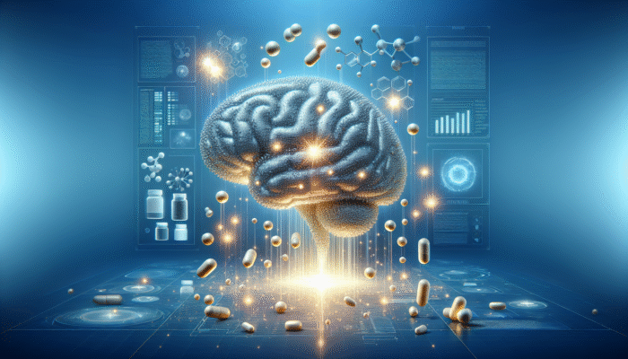 A vibrant brain illuminated by magnesium atoms, with supplements, on a soothing blue background.