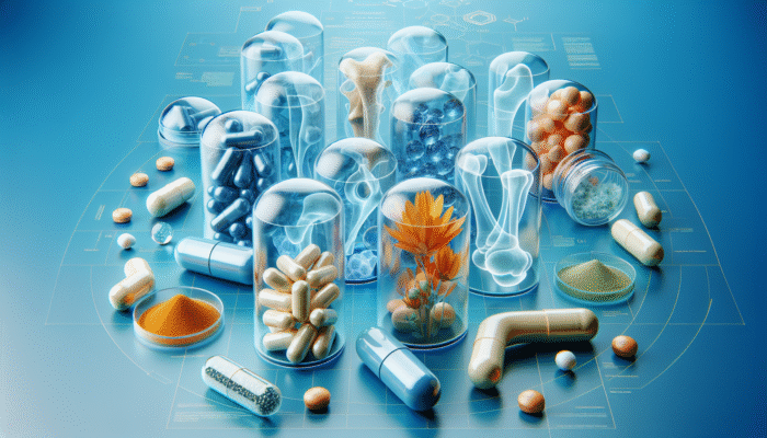 Glucosamine, chondroitin, and turmeric capsules on a blue background with abstract joint shapes.