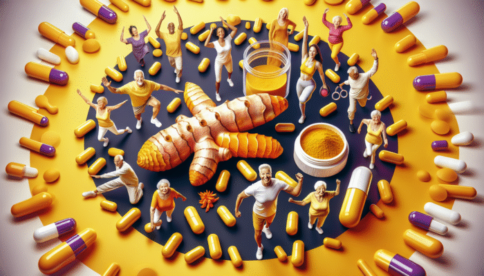 A vibrant yellow turmeric root and curcumin capsules, seniors joyfully active, symbolizing joint pain relief.