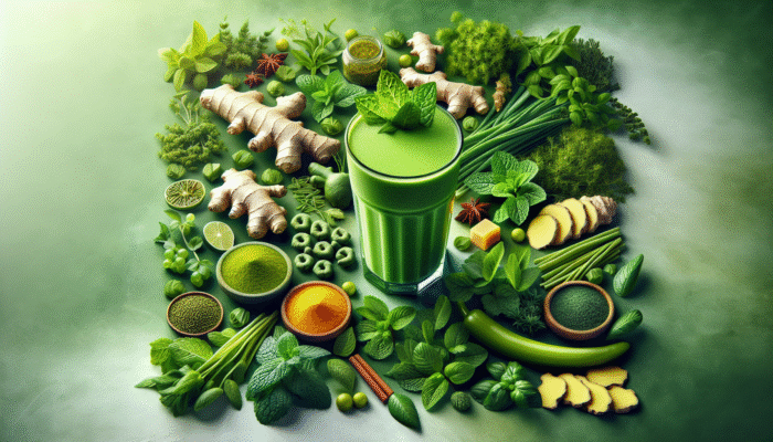 A vibrant smoothie with ginger and peppermint, surrounded by fresh herbs, in warm green and yellow tones.