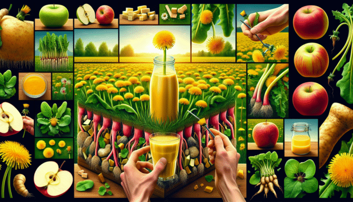 A vibrant field of yellow dandelion flowers in the UK, with close-ups of their edible parts being blended into a smoothie with apples and honey.