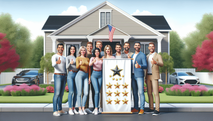 Satisfied homeowners expressing joy in front of their home, showcasing a banner adorned with top-rated home service logo and reviews.