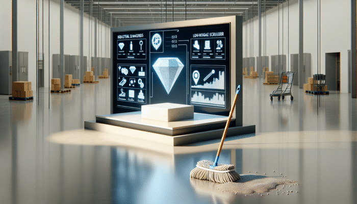 High-end industrial diamond tools and low-moisture scrubbers delicately treating stone, resulting in a lasting shine, in contrast to a regular supermarket mop.