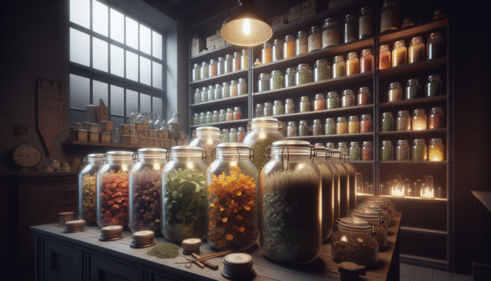 Glass containers with tight seals holding vibrant, dried herbs in a dimly lit pantry.