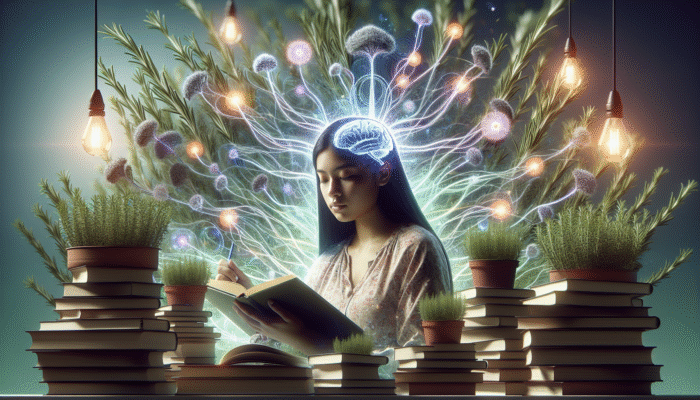 A student studying amidst rosemary plants, with enhanced brain activity illustrating improved memory and concentration.