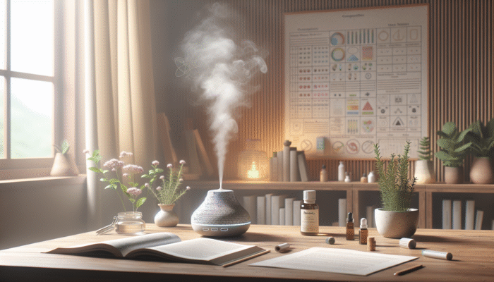 A serene study room with a diffuser and a small jar of rosemary, symbolising safe use.