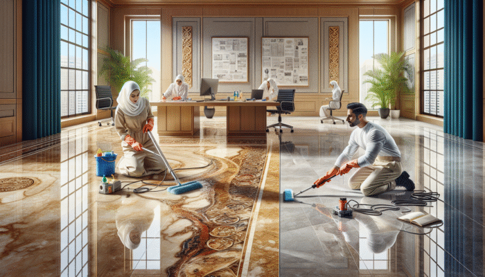 Professional cleaning team restoring travertine floor with specialized tools, showcasing a before-and-after transformation.
