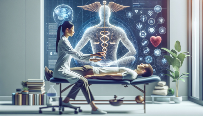 A serene therapy room with a CSTA-certified craniosacral therapist treating a patient, symbolising high ethical standards.