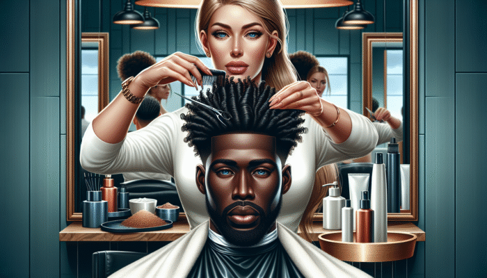 A client receiving a bond-building hair treatment in a luxurious salon, with a stylist applying an advanced formula to repair split ends and damaged hair, showcasing a before-and-after transformation.