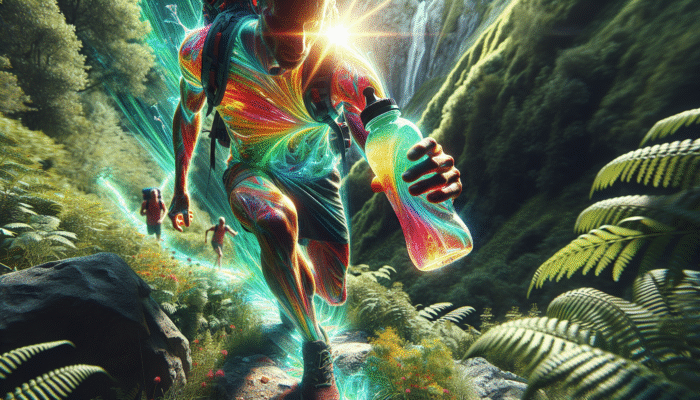 A hiker drinking colorful electrolyte solution on a rugged trail, surrounded by lush greenery.