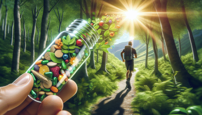 A hiker in a forest taking a multivitamin pill with B vitamins, vitamin D, and antioxidants.