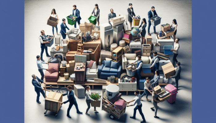 Professional team sorting and handling household items with care, focusing on recycling and compliance.