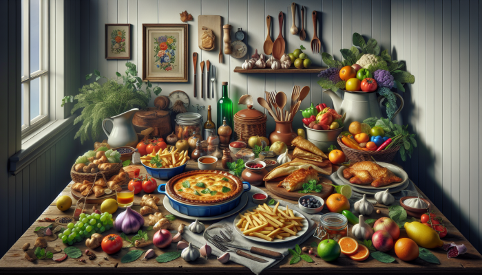 A table with shepherd's pie, fish and chips, and immune-boosting ingredients like garlic and citrus in a cosy kitchen.