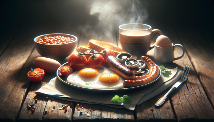 A steaming full English breakfast with eggs, tomatoes, mushrooms, and sausages on a rustic table.