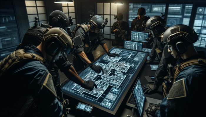 A team of experts planning a house clearance operation in a dimly lit command center with maps and screens.