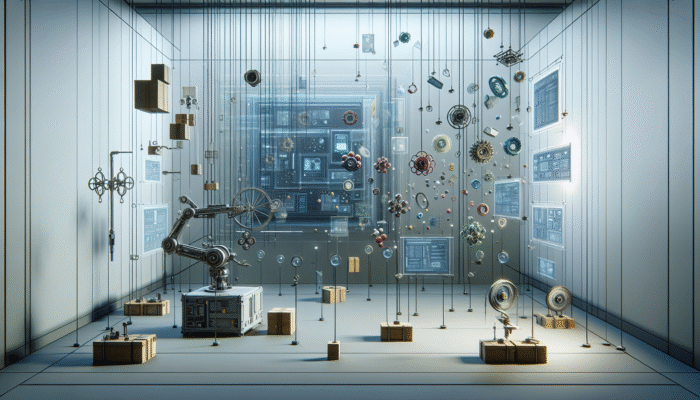 A futuristic room with items colour-coded and sorted by a robotic arm, digital interface showing algorithms.