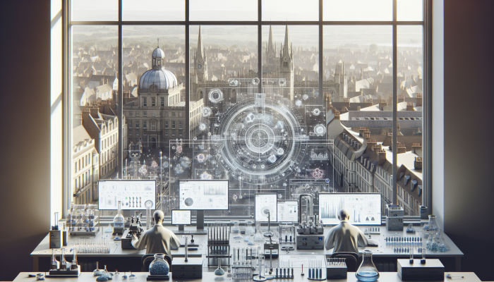 A detailed illustration of a testing lab in Bury St Edmunds with advanced equipment and historic town backdrop.