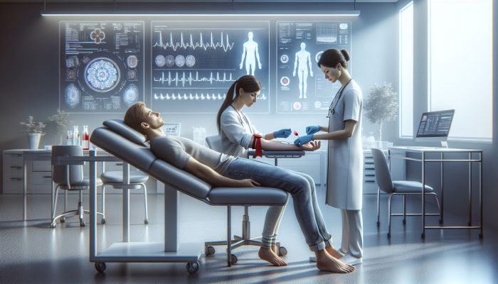 A phlebotomist drawing blood in a calm, modern clinic, emphasizing minimal discomfort and quick procedure.