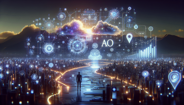 A futuristic digital landscape representing AI enhancing SEO through radiant data streams and interconnected nodes.