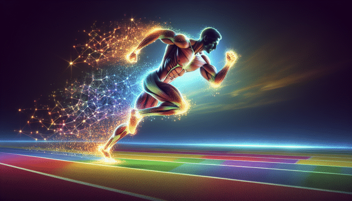 Athlete sprinting on a track, with muscles enhanced by glowing creatine particles against a clear sky.