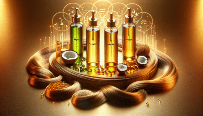 Bottles of argan, coconut, and jojoba oils with healthy, hydrated hair strands on a golden background.