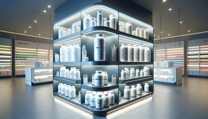 Bottles of omega-3 supplements displayed on a shelf in a modern health store, labelled for purity, sustainability, and potency.