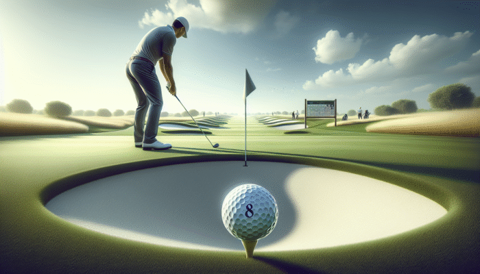 Golfer concentrating on a precise shot on Bryanston's challenging 8th hole with narrow fairway and bunkers.