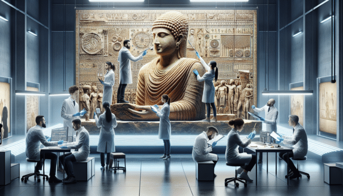 Experts examining ancient artifact with advanced tools in studio for optimal restoration.