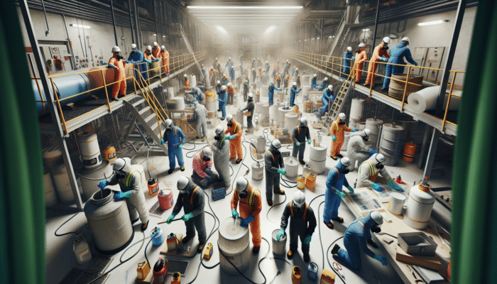 A well-ventilated workspace with workers using safety gear and tools on a clear floor with secure machinery.