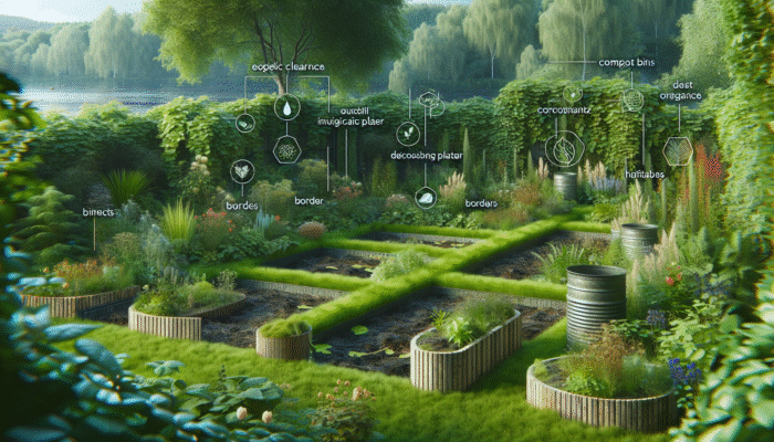 A tranquil garden with compost bins, native plants, and wildlife habitats promoting sustainability and biodiversity.