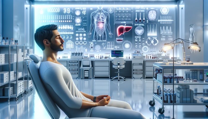 A person calmly preparing for a liver blood test in a serene medical lab with modern equipment.