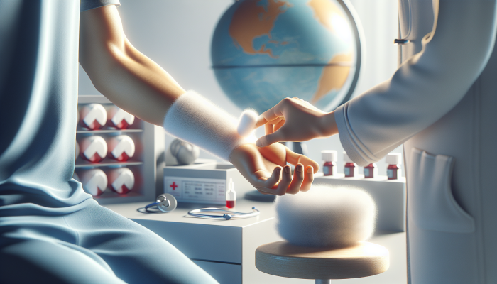 Person applying cotton bandage on arm post-liver test, monitoring for infection signs in a calm medical setting.