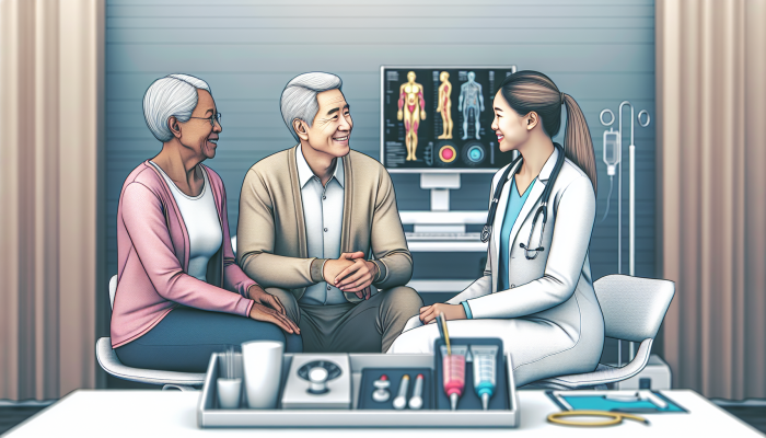An elderly couple discussing health screenings with their doctor in a medical office, surrounded by equipment and charts.