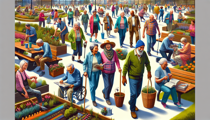 Retirees engaging in community activities like walking, gardening, reading, and volunteering, showing joy and connection.