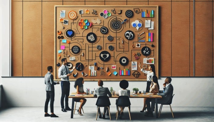 A creative workspace showcasing a planning board and team members discussing video content strategies.